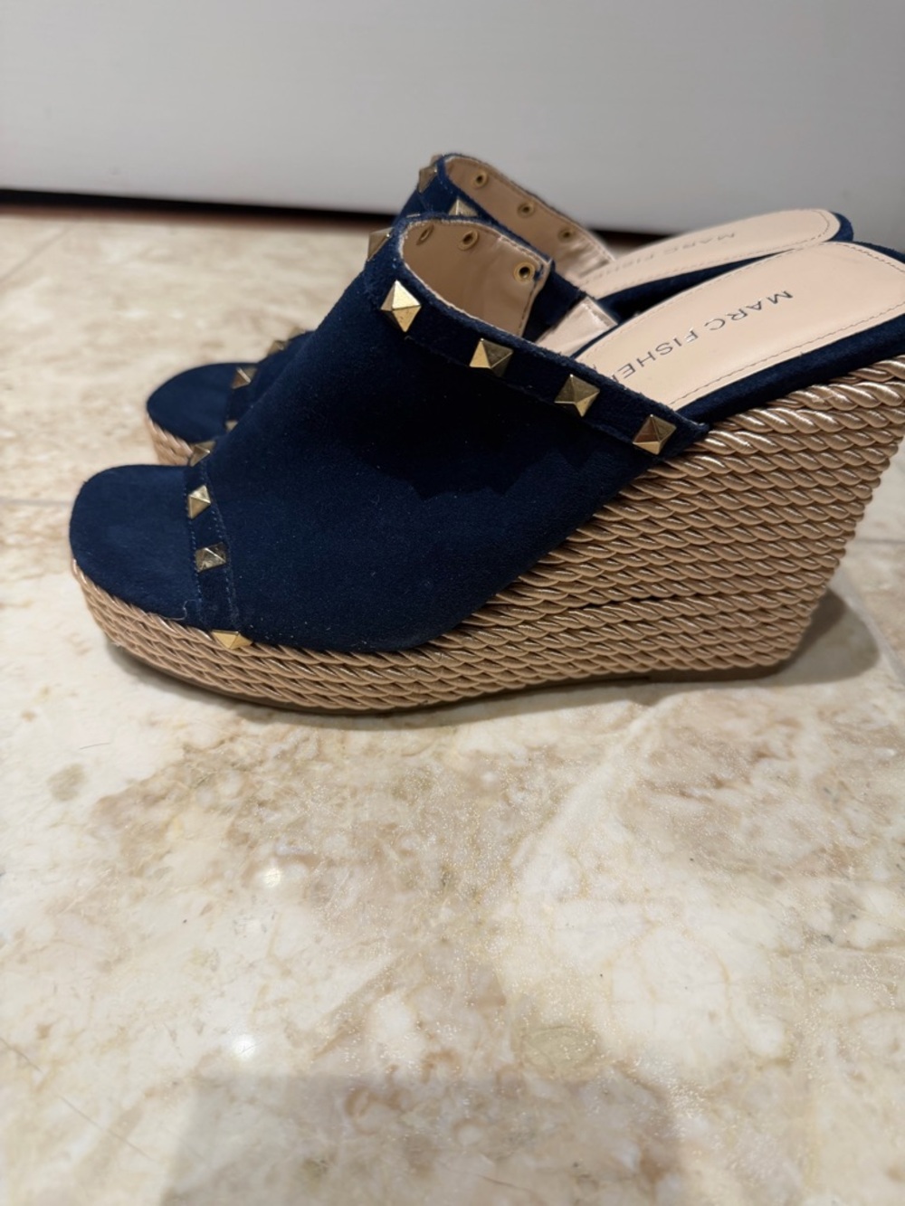 Marc Fisher Navy Suede Studded Wedge Mules